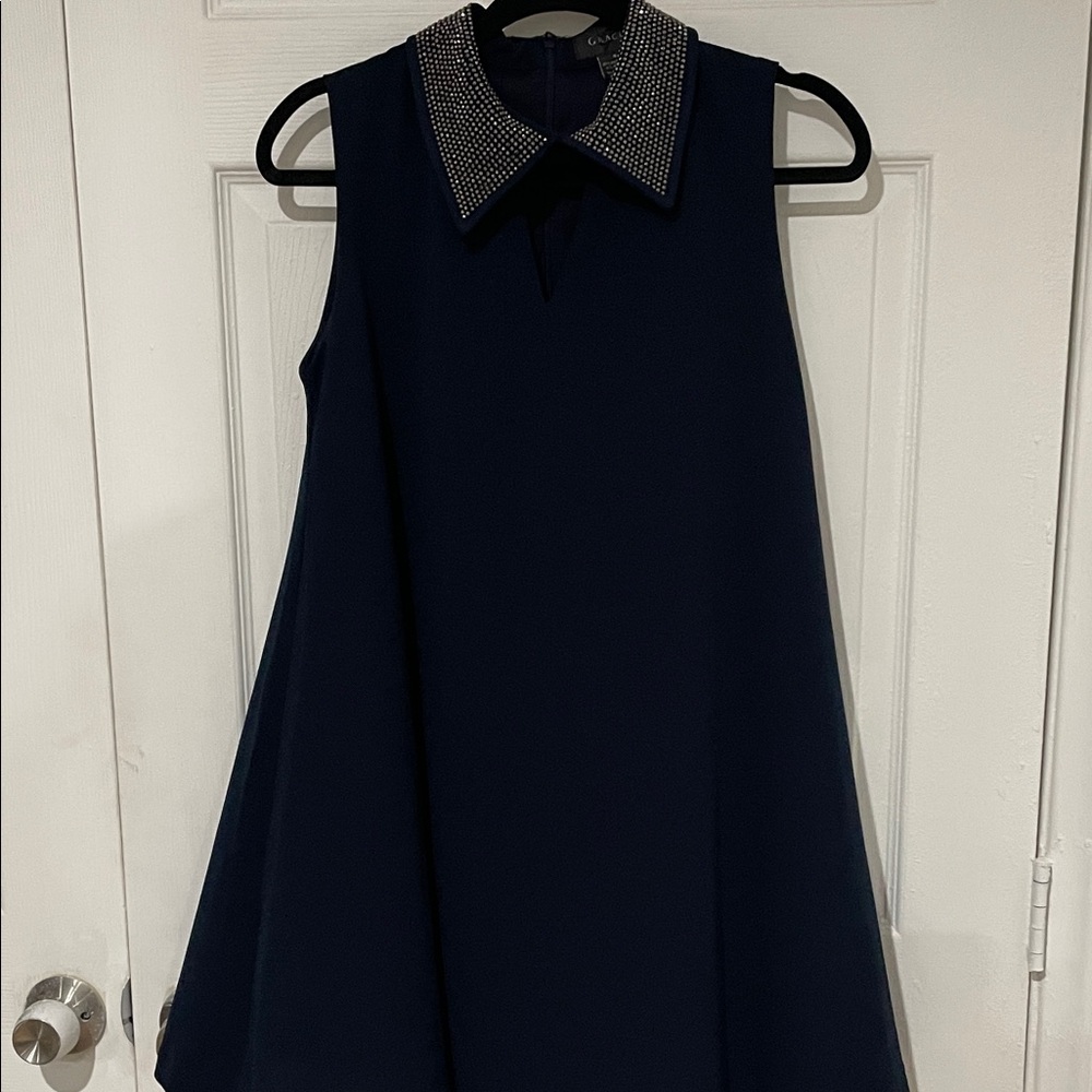 Gracia Navy Dress with Embellished Collar